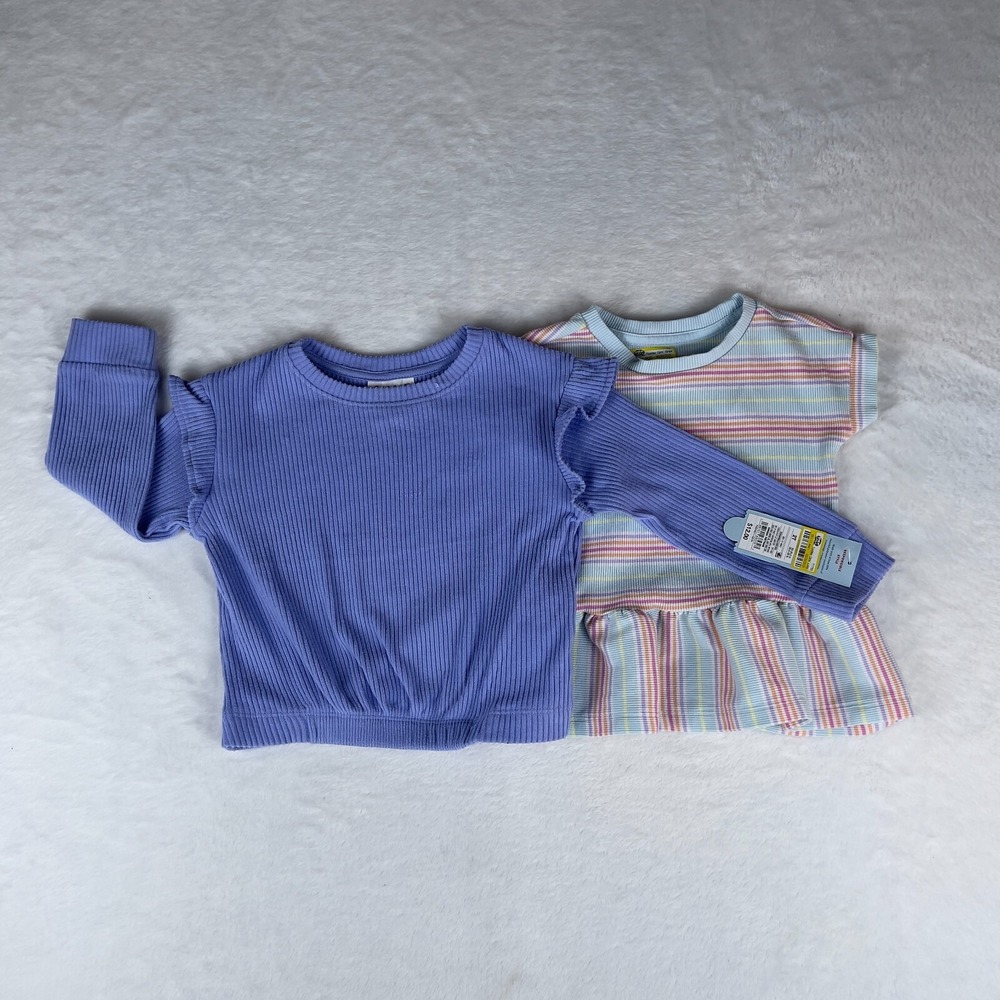Lot of 2 Cat & Jack Rib T-Shirt 2T Toddler Girl Periwinkle Blue Long Sleeve Cozy